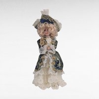 Vintage Porcelain Victorian Lady Doll, 10 Inch, Blue Gold Gown, Lace Hat, Blonde Curls, Collectible Doll, Boudoir Figurine