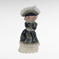 Vintage Porcelain Victorian Lady Doll, 10 Inch, Blue Gold Gown, Lace Hat, Blonde Curls, Collectible Doll, Boudoir Figurine