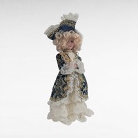 Vintage Porcelain Victorian Lady Doll, 10 Inch, Blue Gold Gown, Lace Hat, Blonde Curls, Collectible Doll, Boudoir Figurine