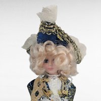 Vintage Porcelain Victorian Lady Doll, 10 Inch, Blue Gold Gown, Lace Hat, Blonde Curls, Collectible Doll, Boudoir Figurine