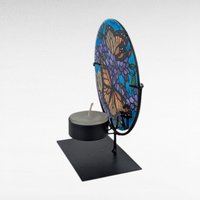 Vintage Joan Baker Designs Handpainted Glass Candle Holder, Monarch Butterfly Art Disc with Stand, Stained Glass Style Home Decor