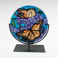 Vintage Joan Baker Designs Handpainted Glass Candle Holder, Monarch Butterfly Art Disc with Stand, Stained Glass Style Home Decor