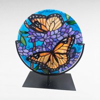 Vintage Joan Baker Designs Handpainted Glass Candle Holder, Monarch Butterfly Art Disc with Stand, Stained Glass Style Home Decor