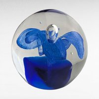 Vintage Clear Glass Paperweight, Blue Flower Center, 2.25" Round, Floral Desk Accessory, Collector Gift, Art Glass Bloom