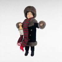 1996 Telco Animated Caroler Boy Figure with Lantern, 25 Inch Light Up Moving Christmas Holiday Display, Winter Fur Trim Coat Decor