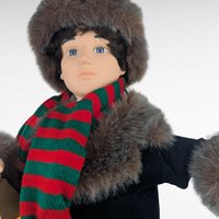 1996 Telco Animated Caroler Boy Figure with Lantern, 25 Inch Light Up Moving Christmas Holiday Display, Winter Fur Trim Coat Decor