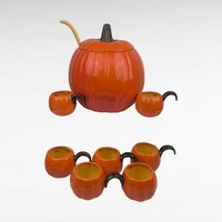 Vintage Ceramic Pumpkin Punch Bowl Set Tureen with Lid Ladle and 7 Cups, Fall Halloween Thanksgiving Party Decor, Autumn Serving Centerpiece