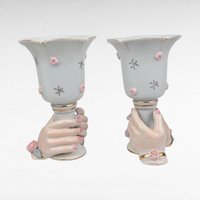 Vintage Pair of Ceramic Hands Holding Candle Holders, Vases, Pink Roses, Gold Trim, Mid Century, Vanity Decor, Shabby Chic, Figural