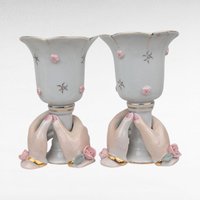 Vintage Pair of Ceramic Hands Holding Candle Holders, Vases, Pink Roses, Gold Trim, Mid Century, Vanity Decor, Shabby Chic, Figural