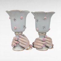 Vintage Pair of Ceramic Hands Holding Candle Holders, Vases, Pink Roses, Gold Trim, Mid Century, Vanity Decor, Shabby Chic, Figural