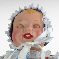 Blonde Baby Doll in Blue Dress and Bonnet, Large Vintage Doll with Moving Eyes and Sound