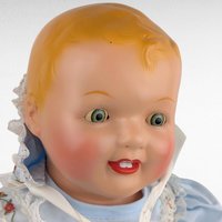 Blonde Baby Doll in Blue Dress and Bonnet, Large Vintage Doll with Moving Eyes and Sound