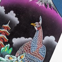 Vintage Japanese Scroll Mount Fuji Peacock Velvet Handpainted Wall Art