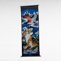 Vintage Japanese Tiger Eagle Velvet Handpainted Scroll Wall Art