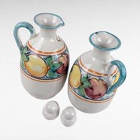 Vintage Italian Pottery Cruet Set, Hand Painted Oil and Vinegar Bottles with Caddy, Tuscan Kitchen Decor, Made in Italy