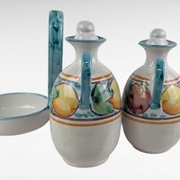 Vintage Italian Pottery Cruet Set, Hand Painted Oil and Vinegar Bottles with Caddy, Tuscan Kitchen Decor, Made in Italy