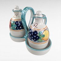 Vintage Italian Pottery Cruet Set, Hand Painted Oil and Vinegar Bottles with Caddy, Tuscan Kitchen Decor, Made in Italy
