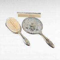 Vintage Silver Plated Vanity Set, 3 Piece Dresser Set with Hand Mirror, Brush and Comb, Ornate Repoussé Floral, Antique Style Boudoir Decor