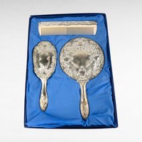 Vintage Silver Plated Vanity Set, 3 Piece Dresser Set with Hand Mirror, Brush and Comb, Ornate Repoussé Floral, Antique Style Boudoir Decor