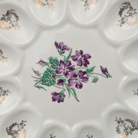 Vintage Ceramic Deviled Egg Tray, Plate, Purple Violets, Gold Trim, 9.25 Inch, Floral Appetizer Server, Holiday Entertaining