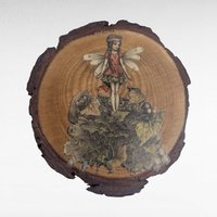 Vintage Handmade Wood Slice Coasters Set of 6, Nature Fairy & Bird Transfer Designs, Rustic Drinkware, Woodland Cabin Decor Gift