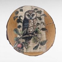 Vintage Handmade Wood Slice Coasters Set of 6, Nature Fairy & Bird Transfer Designs, Rustic Drinkware, Woodland Cabin Decor Gift
