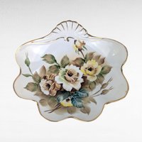Vintage Ucagco Ceramic Trinket Dish, 1950s Hand Painted Rose Dresser Tray, Floral Vanity Dish with Gold Trim, Mid Century Catchall