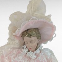 Vintage Doll Head Ornament Plastic Face, Pink Satin Lace Dress Bonnet, 5 Inch Victorian Style Hanging Lady, Shabby Chic Decorative Accent