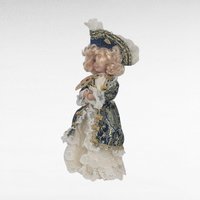 Vintage Porcelain Victorian Lady Doll, 10 Inch, Blue Gold Gown, Lace Hat, Blonde Curls, Collectible Doll, Boudoir Figurine
