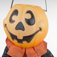 Vintage Halloween Pumpkin Man Door Greeter Candy Bowl, Holder, Soft Body, 24 Inch Tall Seated Porch Decoration