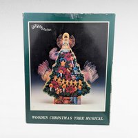 Vintage Wooden Christmas Tree Musical Box Plays White Christmas, Angel Topper, Holiday Decor, Traditional Christmas Decoration