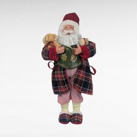 Vintage Standing Santa Claus Figure with Plaid Robe, Christmas Decor Santa Holding Book & Teddy Bear, Holiday Mantel Decoration