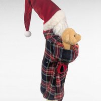 Vintage Standing Santa Claus Figure with Plaid Robe, Christmas Decor Santa Holding Book & Teddy Bear, Holiday Mantel Decoration