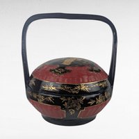 Vintage Chinese Wedding Basket, Hand Painted Red Black Gold Bamboo, Peranakan Bakul Sia Dowry Basket, Asian Home Decor
