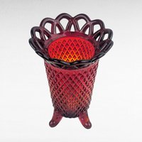 Vintage Imperial Glass Vase, 5" Small Vase, Amberina Red Orange Art Glass, Lace Edge Diamond Point Pattern, Footed Bud Vase, Mid Century