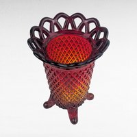 Vintage Imperial Glass Vase, 5" Small Vase, Amberina Red Orange Art Glass, Lace Edge Diamond Point Pattern, Footed Bud Vase, Mid Century