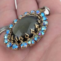 Vintage Black/Gray Glass Pendant, Aurora Borealis Rhinestone Halo, Mid Century Necklace, Dark Victorian Gothic Glam