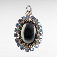 Vintage Black/Gray Glass Pendant, Aurora Borealis Rhinestone Halo, Mid Century Necklace, Dark Victorian Gothic Glam