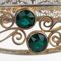 Vintage Gold Filigree Bangle Bracelet with Green Stones, Art Nouveau Style Ornate Cuff, Two Tone Hinged Bracelet, Edwardian Statement