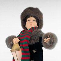 1996 Telco Animated Caroler Boy Figure with Lantern, 25 Inch Light Up Moving Christmas Holiday Display, Winter Fur Trim Coat Decor
