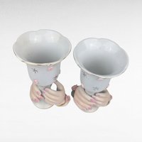 Vintage Pair of Ceramic Hands Holding Candle Holders, Vases, Pink Roses, Gold Trim, Mid Century, Vanity Decor, Shabby Chic, Figural