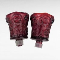 Pair Vintage Ruby Red Glass Peg Votive Candle Holders, Embossed Floral Design, 3.5 Inch, Romantic Accent, Collectible Glassware