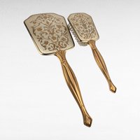 Vintage Vanity Mirror and Brush Set, Gold Tone Floral Damask Dresser Set, Mid Century Hollywood Regency Decor, Hand Mirror and Hairbrush