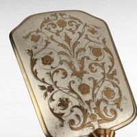 Vintage Vanity Mirror and Brush Set, Gold Tone Floral Damask Dresser Set, Mid Century Hollywood Regency Decor, Hand Mirror and Hairbrush
