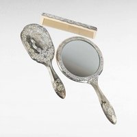 Vintage Silver Plated Vanity Set, 3 Piece Dresser Set with Hand Mirror, Brush and Comb, Ornate Repoussé Floral, Antique Style Boudoir Decor