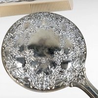 Vintage Silver Plated Vanity Set, 3 Piece Dresser Set with Hand Mirror, Brush and Comb, Ornate Repoussé Floral, Antique Style Boudoir Decor