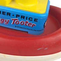 Vintage 1967 Fisher Price Tuggy Tooter Pull Toy #722, Wooden Captain Boat with Tooting Sound, Classic Nursery Decor Toy