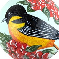 Vintage Hand Painted Glass Bird Ornament: Baltimore Oriole & Red Berries