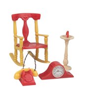 Vintage Dollhouse Accessory Lot, 9pc Renwal & Ideal, Rocking Chair Telephone Clocks, 1:16 Scale Miniature Furniture