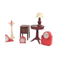 Vintage Dollhouse Accessory Lot, 9pc Renwal & Ideal, Rocking Chair Telephone Clocks, 1:16 Scale Miniature Furniture
